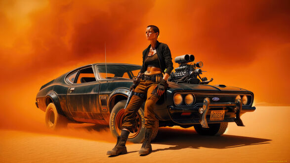 Обои на рабочий стол Фуриоса / Furiosa из фильма Безумный макс / Mad Max облокотилась о черный автомобиль в пустыне