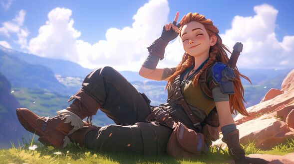 Обои на рабочий стол Девушка Элой из компьютерной игры Horizon Zero Dawn позирует на фоне горной долины