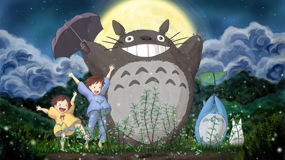 Обои на рабочий стол Мэй Кусакабэ / Mei Kusakabe, Сацуки Кусакабэ / Satsuki Kusakabe, Тоторо / Totoro выращивают посевы под луной из аниме Мой сосед Тоторо / Tonari no Totoro