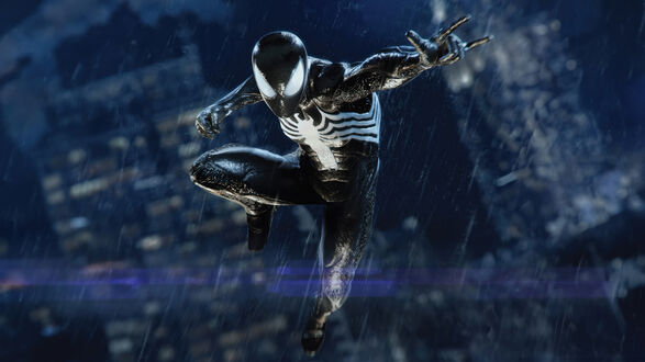 Обои на рабочий стол Spider Man / Человек-паук в прыжке на фоне ночного города из видеоигры Marvels Spider-Man 2