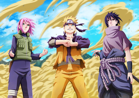 Обои на рабочий стол Учиха Саске / Uchiha Sasuke Сакура Харуно / Sakura Haruno и Наруто Узумаки / Naruto Uzumaki на фоне желтого дыма и голубого неба