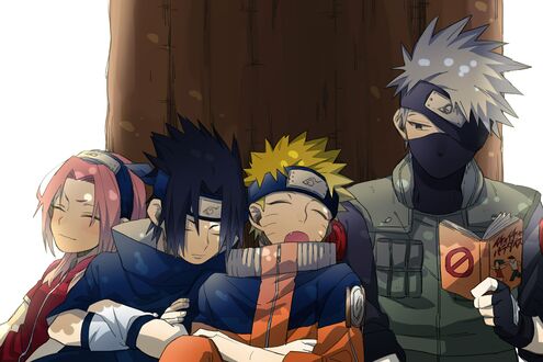 Обои на рабочий стол Uchiha Sasuke / Учиха Саске, Sakura Haruno / Сакура Харуно, Naruto Uzumaki в детстве и Hatake kakashi из аниме Наруто / Naruto