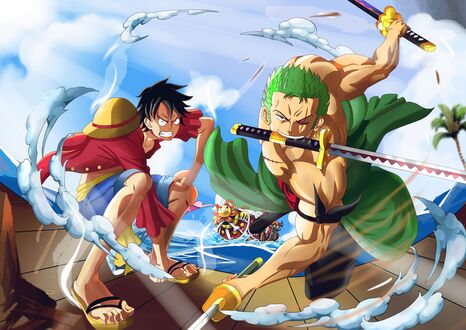 Обои на рабочий стол Monkey D. Luffi / Монки Д Луффи и Roronoa Zoro / Ророноа Зоро с мечем в зубах, из аниме One Piece / Ван Пис