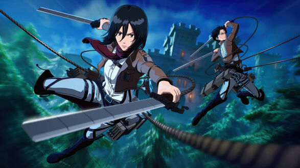 Обои на рабочий стол Микаса Аккерман / Mikasa Ackerman и Леви Райвель / Levi Rivaille с мечами на фоне замка ночью из аниме Атака Титана / Attack on Titan / Shingeki no Kyojin