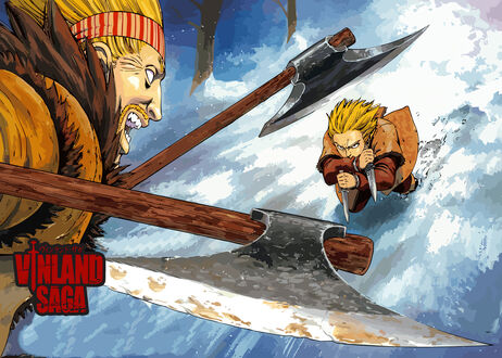 Обои на рабочий стол Торфинн / Thorfinn против Торкеля / Thorkell бой в снегу из аниме Сага о Винланде / Vinland Saga