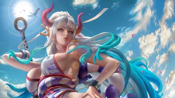 Обои на рабочий стол Ямато / Yamato дочь Кайдо, одного из Ёнко, а также самопровозглашенный «Кодзуки Одэн» из аниме Ван-Пис / One Piece на фоне яркого солнца и голубого неба