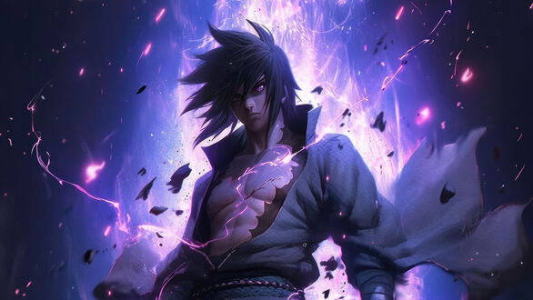 Обои на рабочий стол Учиха Саске / Uchiha Sasuke в фиолетовых молниях из аниме Наруто / Naruto