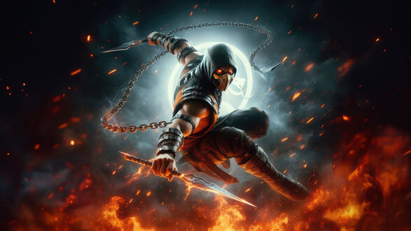 Обои на рабочий стол Скорпион / Scorpion в полете на фоне огня и эмблемы игры - персонаж из видеоигры Смертельная битва / Mortal Kombat