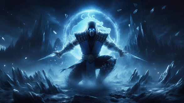 Обои на рабочий стол Саб-Зиро / Sub-Zero на фоне ледяных гор, льда и эмблемы игры - персонаж из видеоигры Смертельная битва / Mortal Kombat