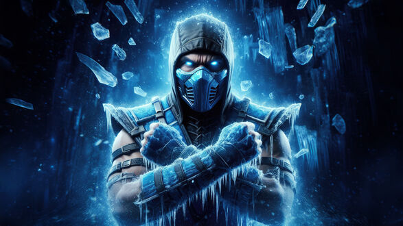 Обои на рабочий стол Саб-Зиро / Sub-Zero среди кусков льда - персонаж из видеоигры Смертельная битва / Mortal Kombat