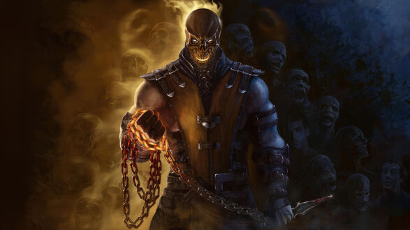 Обои на рабочий стол Скорпион / Scorpion с цепью на фоне черепов из игры Смертельная битва / Mortal Kombat