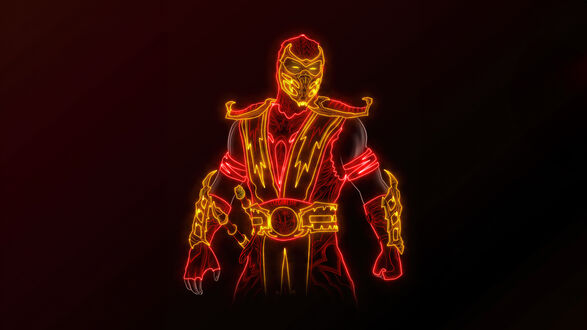 Обои на рабочий стол Скорпион / Scorpion неоновый образ на темном фоне из игры Смертельная битва / Mortal Kombat
