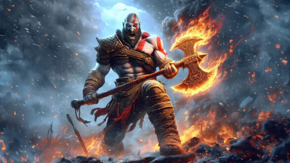 Обои на рабочий стол Кратос / Kratos с огненной секирой на фоне огня, дыма, пепла из игры God of War / Бог войны