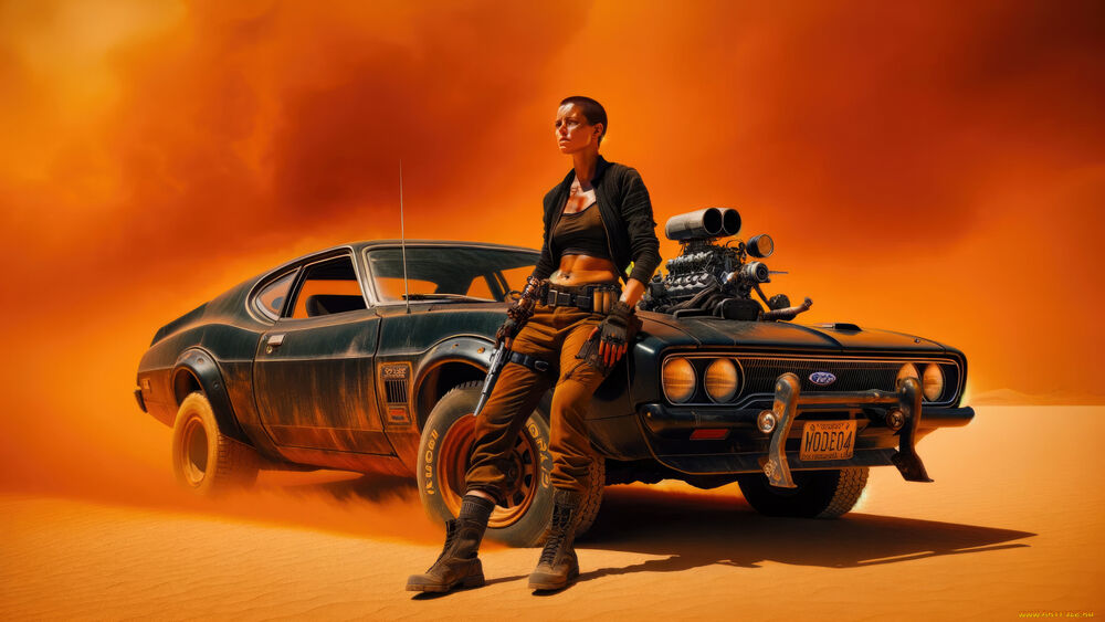 Обои для рабочего стола Фуриоса / Furiosa из фильма Безумный макс / Mad Max облокотилась о черный автомобиль в пустыне