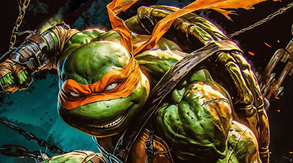 Обои для рабочего стола Микеланджело / Michelangelo или Майки / Mikey в цепях во время боя из франшизы Черепашки-ниндзя / Teenage Mutant Ninja Turtles