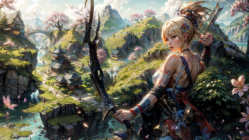 Обои для рабочего стола Eimiya с луком достает стрелу из-за спины из игры Геншин / След воздействия / Genshin Impact