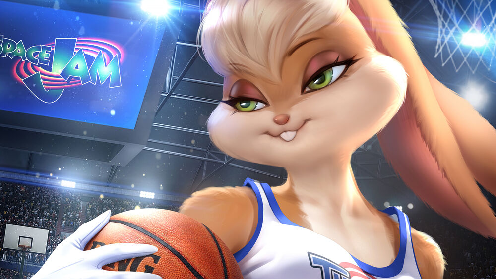 Обои для рабочего стола Лола Банни / Lola Bunny на баскетбольной площадке с мячом - из фильма Космический джем / Space Jam
