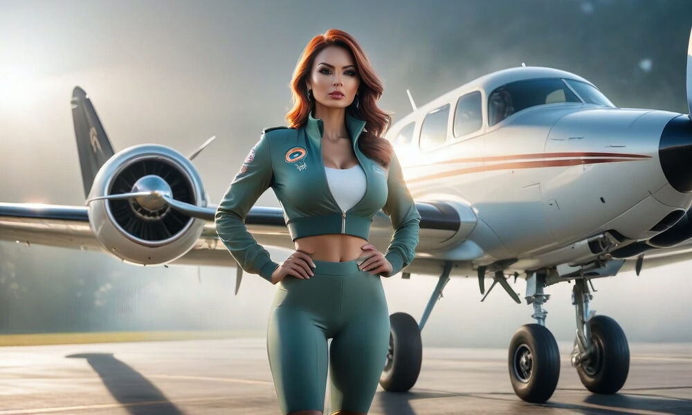 Обои для рабочего стола Девушка летчик стоит возле спортивного самолета