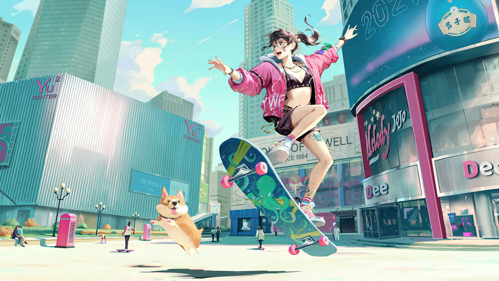 Обои для рабочего стола Девушка в куртке лифчике и шортах в прыжке на скейтборде вместе с корги на фоне города