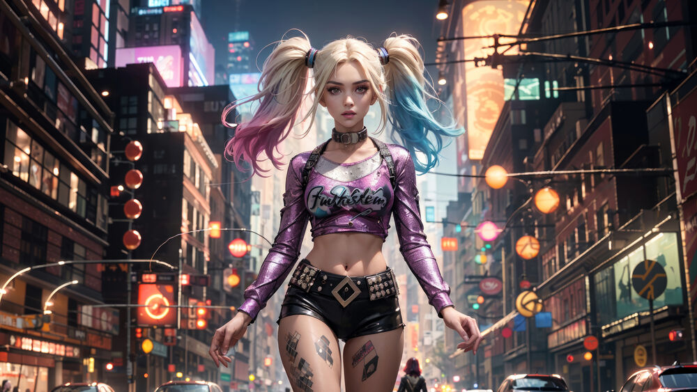 Обои для рабочего стола Harley Quinn / Харли Квин - идет по ночному городу в фиолетовой футболке и черных шортах
