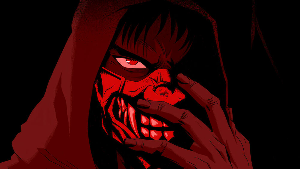 Обои для рабочего стола Джо Логан / Joe Logan в маске в красном свете на черном фоне - аниме Ниндзя Камуи / Ninja Kamui