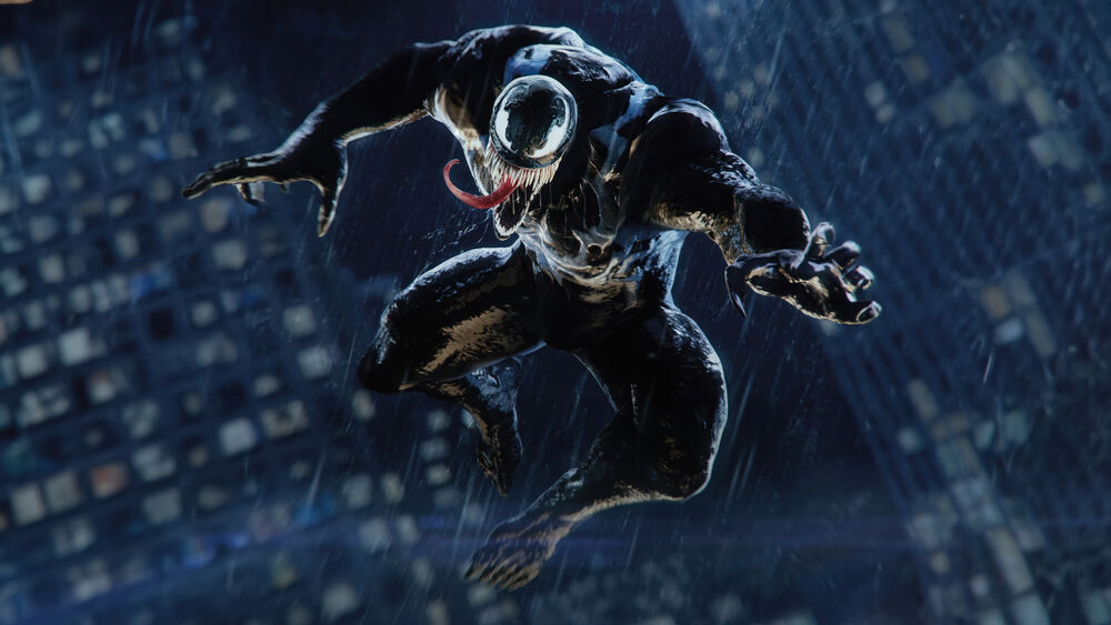 Обои для рабочего стола Venom / Веном, в прыжке под дождем на фоне ночного города из видеоигры Marvels Spider-Man 2