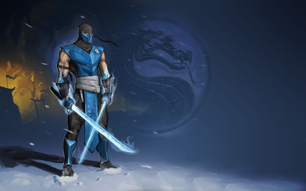 Обои для рабочего стола Саб-зиро / Sub-Zero стоит с двумя ледяными мечами на снегу на фоне эмблемы Мортал комбат / Mortal kombat
