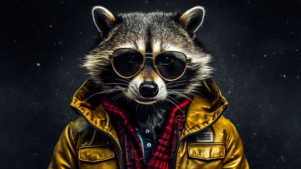 Обои для рабочего стола Енот Ракета / Rocket Raccoon в очках красной клетчатой рубашке и золотой куртке на темном фоне - персонаж из фильма Стражи Галактики / Guardians of the Galaxy «Кинематографическая вселенная Marvel»