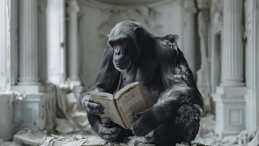 Обои для рабочего стола Обезьяна сидит с книгой в руке посреди развалин белого зала с колоннами