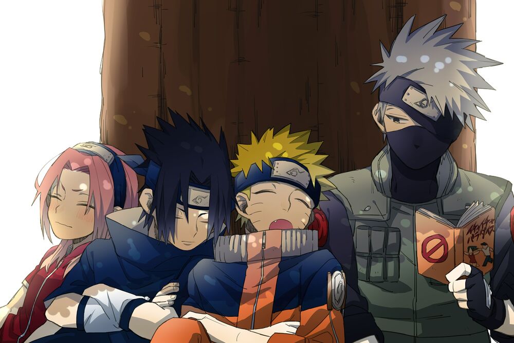 Обои для рабочего стола Uchiha Sasuke / Учиха Саске, Sakura Haruno / Сакура Харуно, Naruto Uzumaki в детстве и Hatake kakashi из аниме Наруто / Naruto