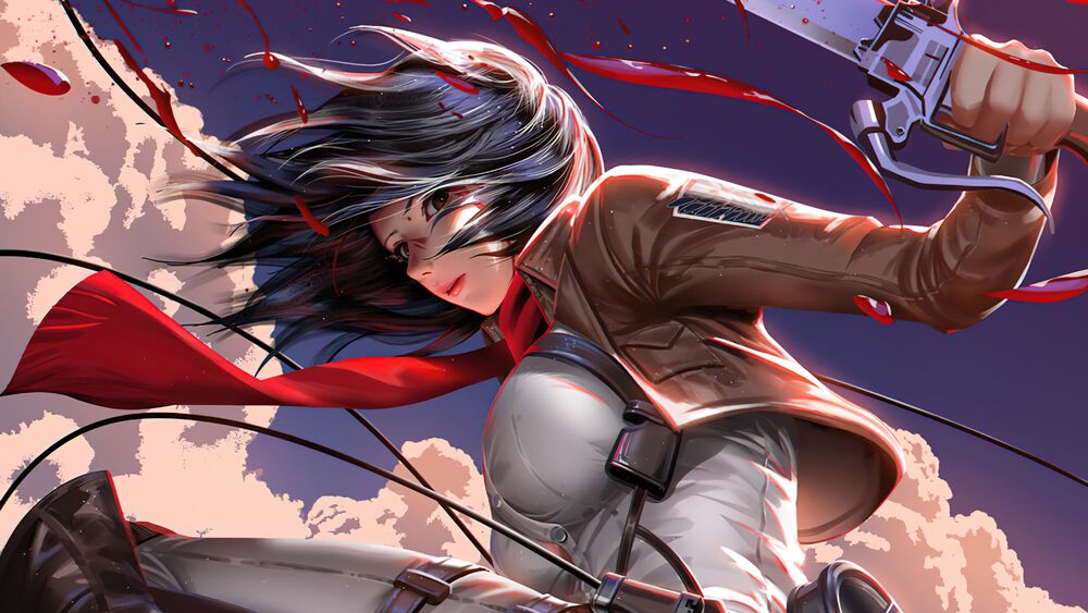 Обои для рабочего стола Микаса Аккерман / Mikasa Ackerman с мечем в руках на фоне неба и облаков при сильном ветре из аниме Атака Титана / Attack on Titan / Shingeki no Kyojin