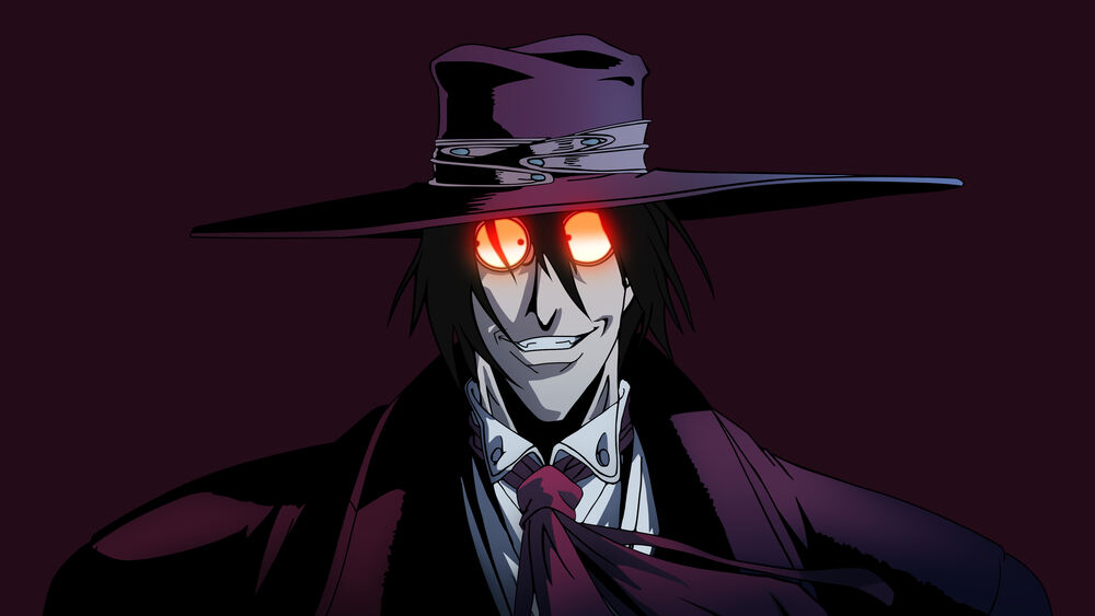 Обои для рабочего стола Алукард / Alucard в оранжевых очках и шляпе улыбается на темном фоне, из аниме Хеллсинг / Hellsing