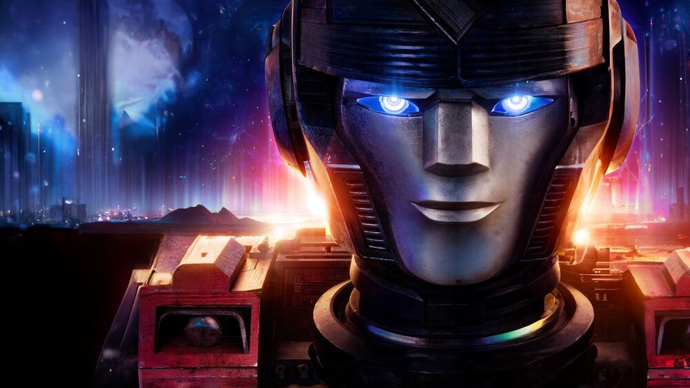 Обои для рабочего стола Orion pax с горящими голубыми глазами улыбается на размытом фоне из фильма Трансформеры: Начало / Transformers One