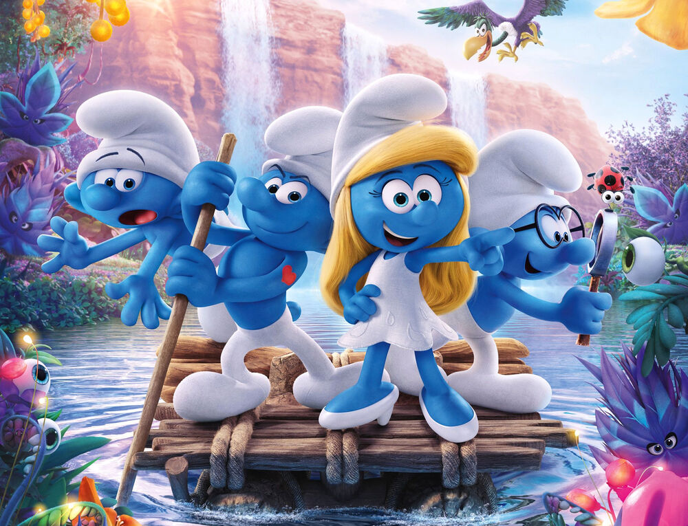 Обои для рабочего стола Smurf / Смурфики плывут на плоту на фоне водопада