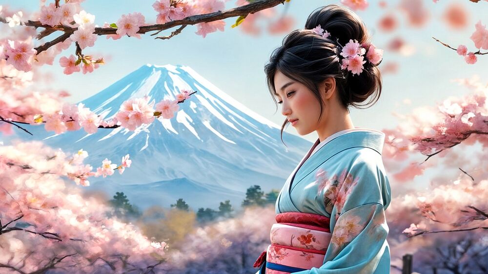 Обои для рабочего стола Девушка в голубом кимоно на фоне цветущей сакуры и гор