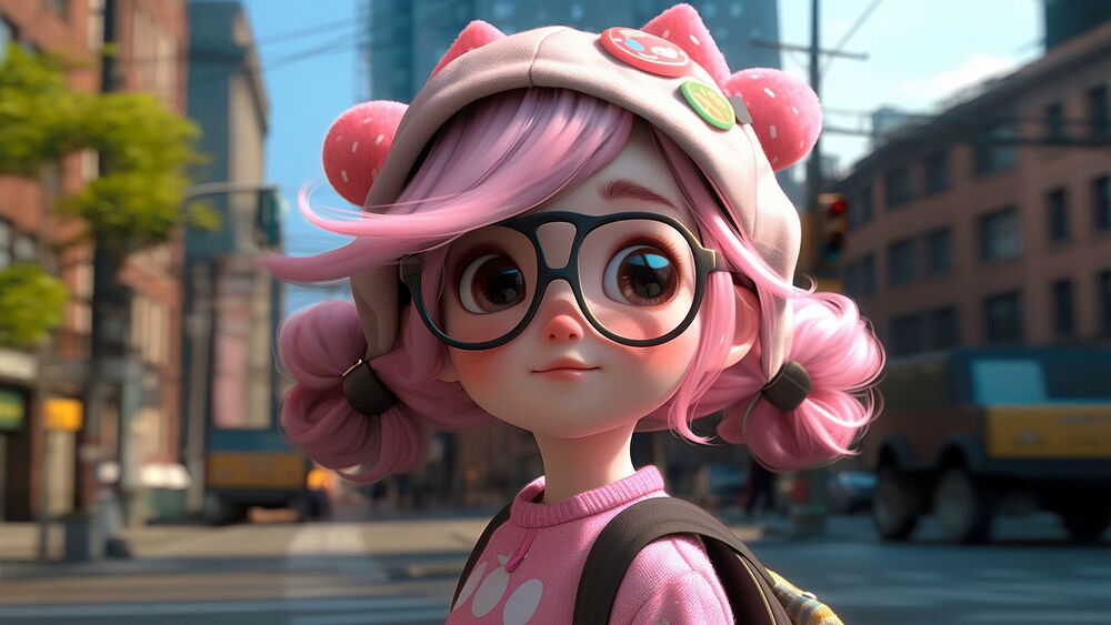 Обои для рабочего стола Девочка с розовыми волосами в очках в шапке и розовой кофточке на фоне размытой улицы