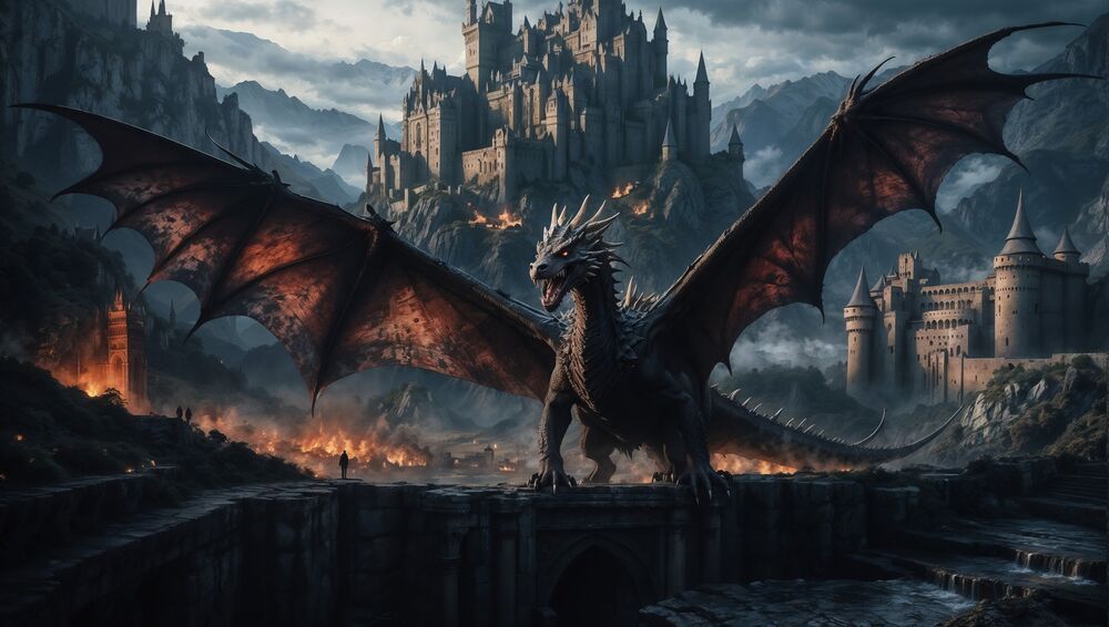 Обои для рабочего стола Дракон с расправленными крыльями стоит на фоне полыхающего города