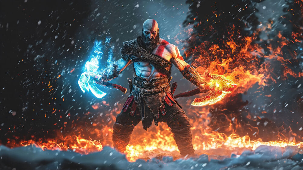 Обои для рабочего стола Кратос / Kratos с холодным и огненным топорами из игры God of War / Бог войны