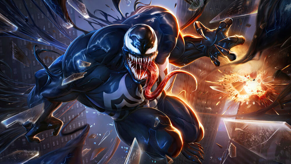 Обои для рабочего стола Venom / Веном с открытым ртом в прыжке из игры Marvel Super War