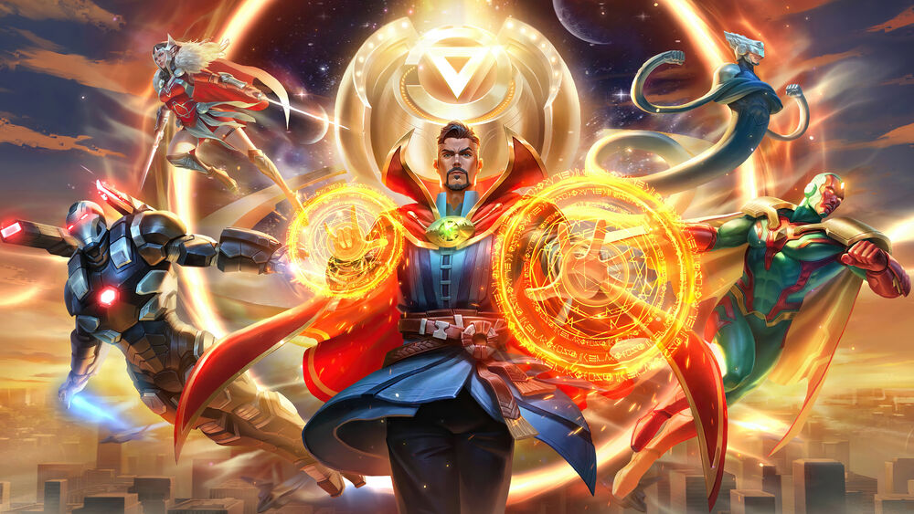Обои для рабочего стола Доктоо Strange и Персонажи игры Marvel Super War на фоне портала над городом