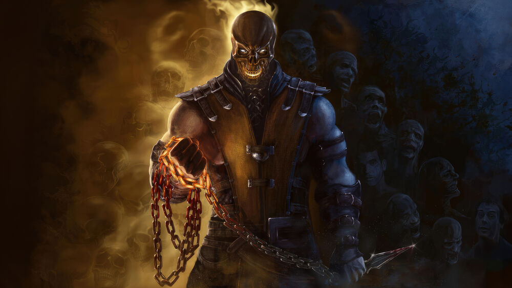 Обои для рабочего стола Скорпион / Scorpion с цепью на фоне черепов из игры Смертельная битва / Mortal Kombat