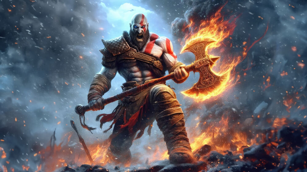 Обои для рабочего стола Кратос / Kratos с огненной секирой на фоне огня, дыма, пепла из игры God of War / Бог войны