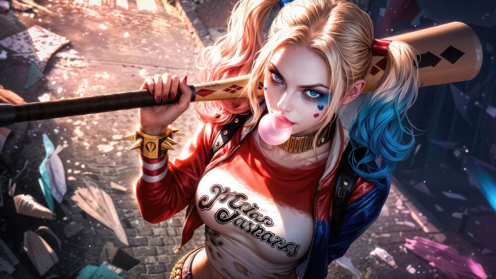 Обои для рабочего стола Harley Quinn / Харли Квин с битой и надувает розовую жвачку - персонаж из DC Comics
