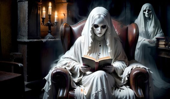 Обои на рабочий стол Призрак монахини читает книгу сидя в кресле старинного замка