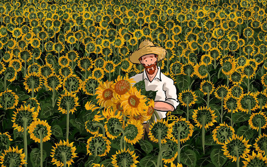 Обои на рабочий стол Винсент Ван Гог / Vincent van Gogh в шляпе среди подсолнухов