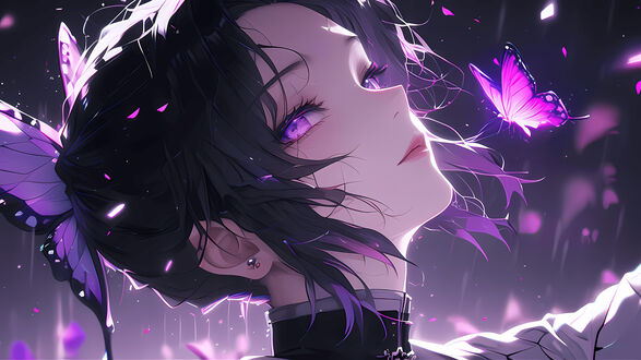 Обои на рабочий стол Канаэ Кочо / Kanae Kocho, Кочо Шинобу / Shinobu Kocho, Канао Цуюри / Kanao Tsuyuri из аниме Demon Slayer: Kimetsu no Yaiba / Клинок, рассекающий демонов на фиолетовом фоне среди бабочек