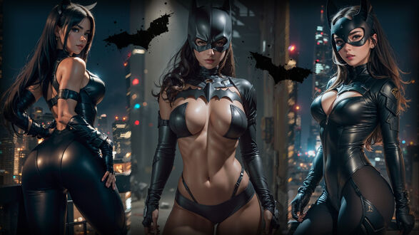 Обои на рабочий стол Три BatGirl на фоне ночного города в черном костюме и маске