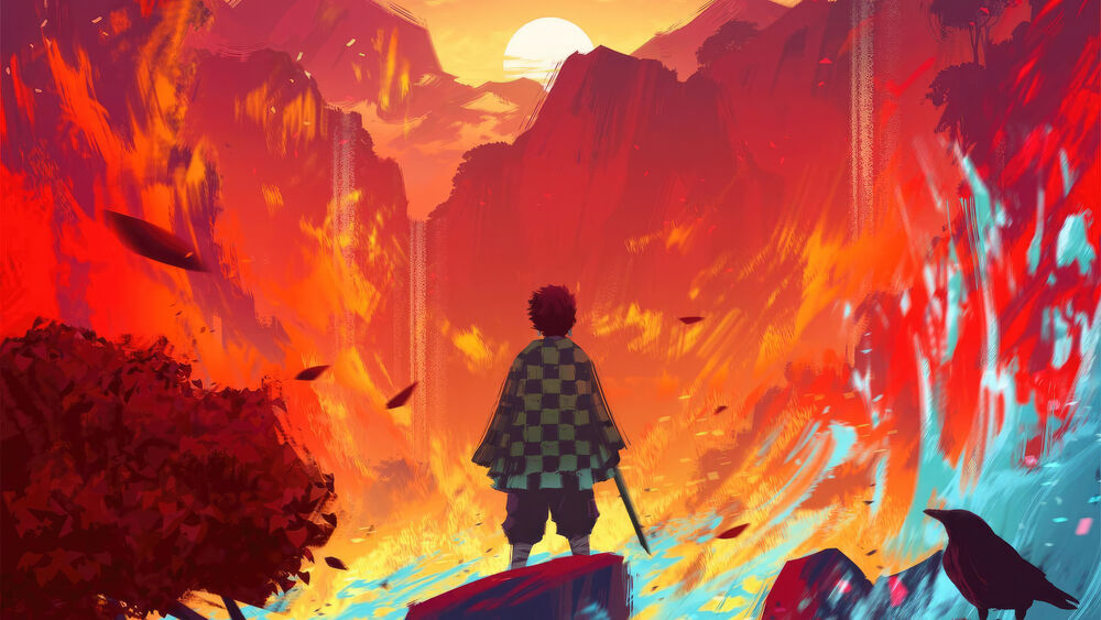 Обои для рабочего стола Tanjiro Kamado из аниме Demon Slayer на фоне огненного заката в горах