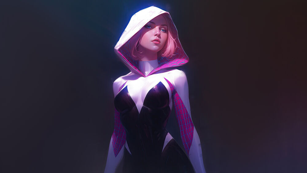 Обои для рабочего стола Gwen Stacy Mayhem / Женщина-паук серий комиксов Marvel Comics стоит на темном фоне