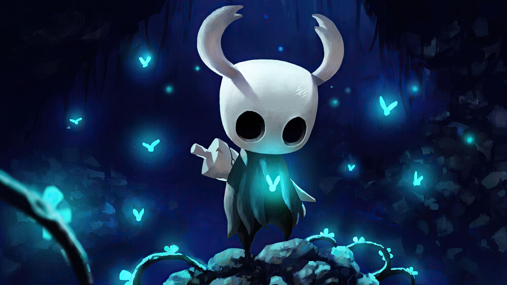 Обои для рабочего стола Персонаж игры Hollow Knight / Полый рыцарь среди светлячков